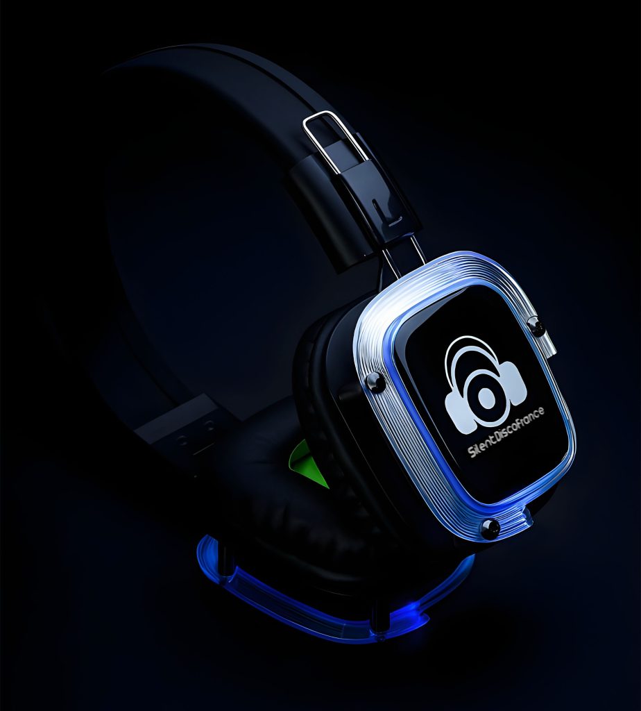 Casque Silent Disco professionnel avec LED allumées – prêt pour soirée silencieuse immersive